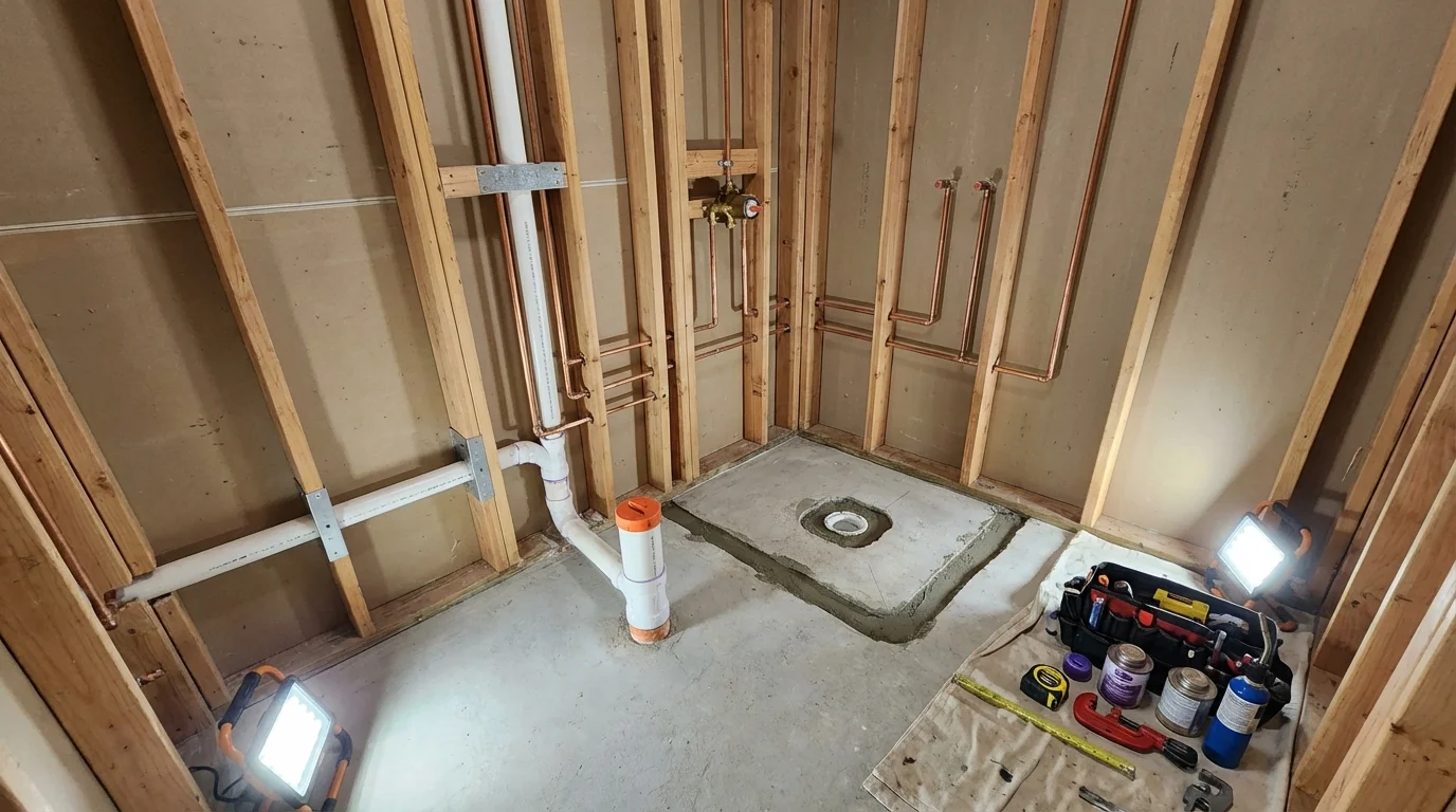 Bathroom rough-in plumbing during remodel by Johns Plumbing LLC in Fort Morgan