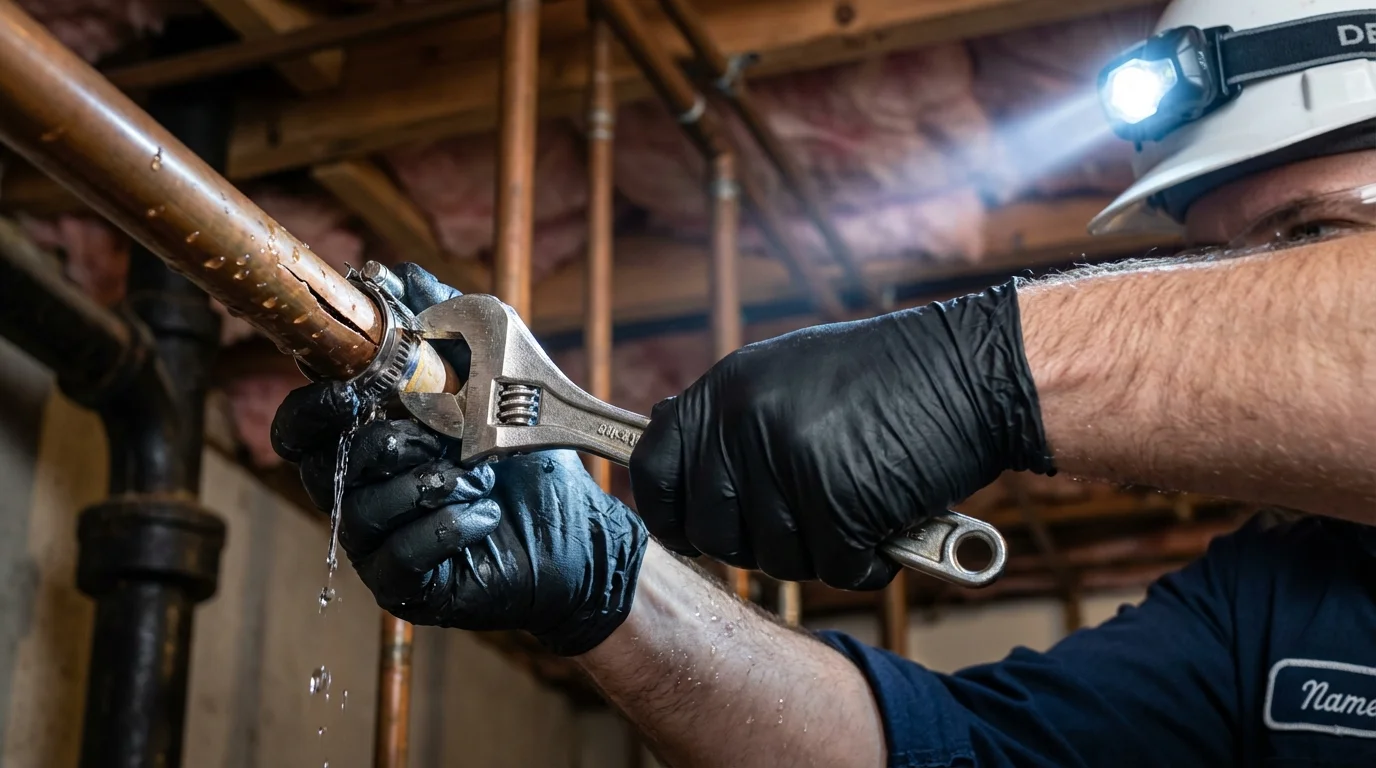 Emergency pipe clamp repair being performed by a Johns Plumbing LLC plumber in Fort Morgan