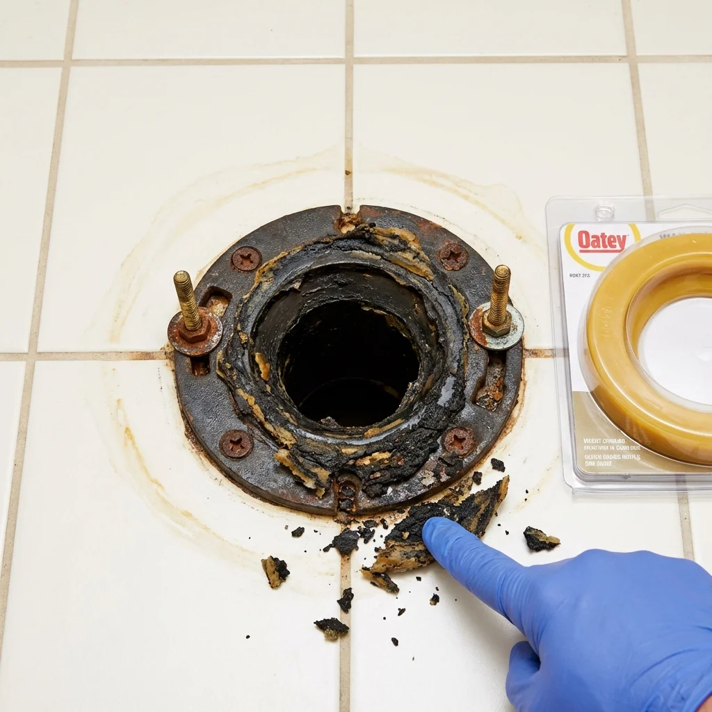 Failed wax ring showing water seepage at the base of a toilet in a Fort Morgan, CO home