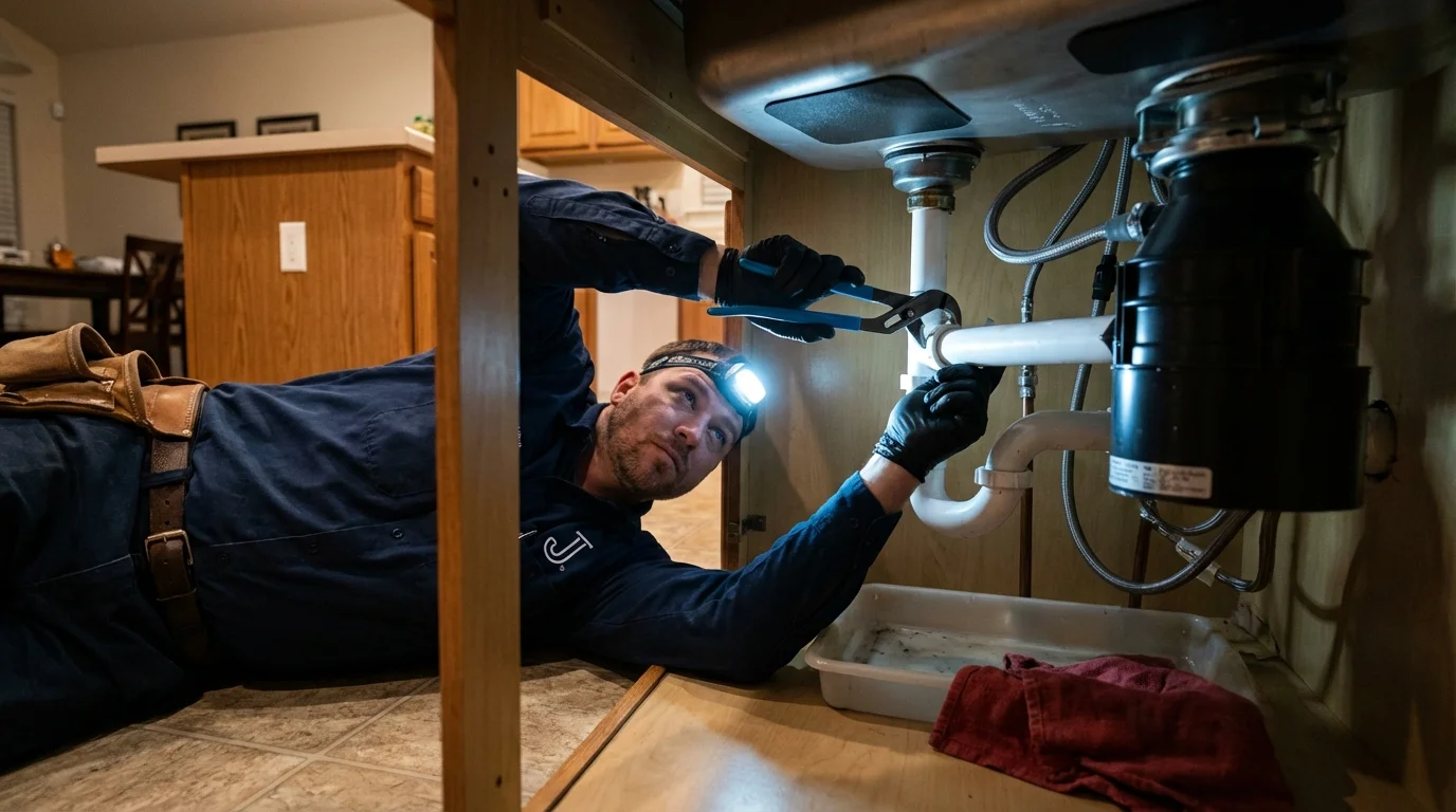 P-trap and supply line connections under a kitchen sink showing a common leak point in Fort Morgan, CO